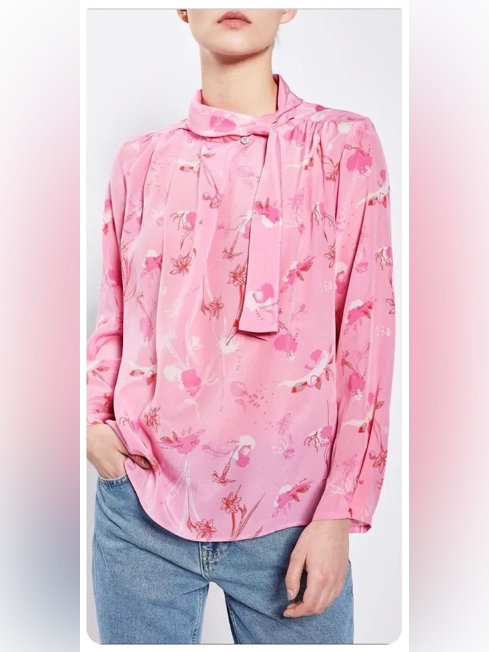 Topshop Pink Silk Floral Tie-Neck Blouse with Scarf Collar